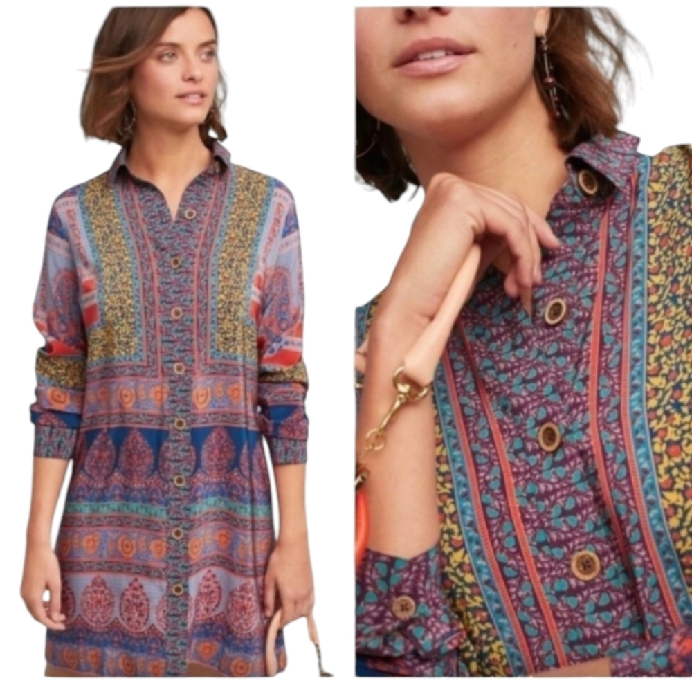 Anthropologie x Maeve Casablanca Silk Shirt Dress Mixed Print Size 0 - Picture 3 of 16